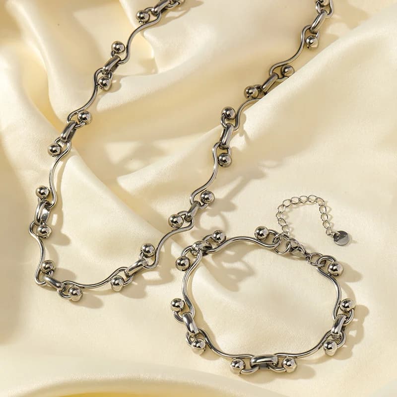 Set Gioielli Catena a Perline Argento in Acciaio Inossidabile 316L