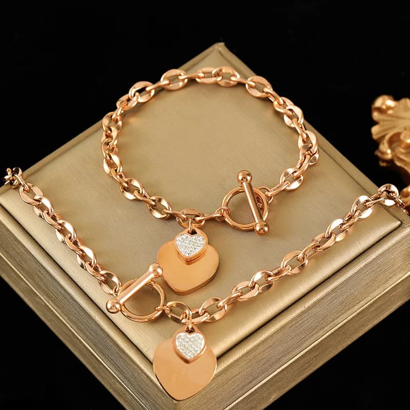 Set collana e bracciale doppio cuore, argento