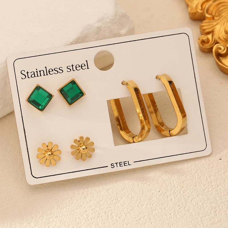 Set di Orecchini a Cerchio con Fiori in Zirconia Verde (3 Paia)