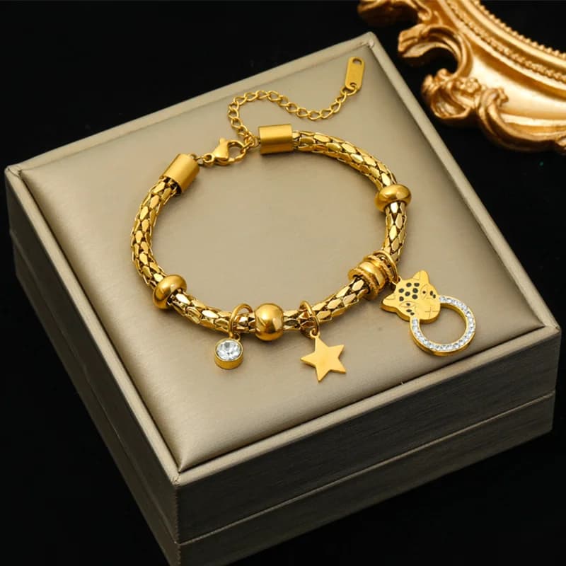 Bracciale con ciondoli stella e leopardo, catena spessa in acciaio inossidabile