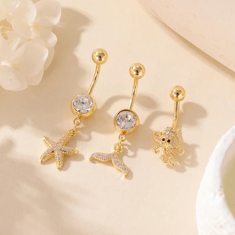 3 Pezzi Barbell da Ombelico Stella Marina e Polpo, Zircon Bianca