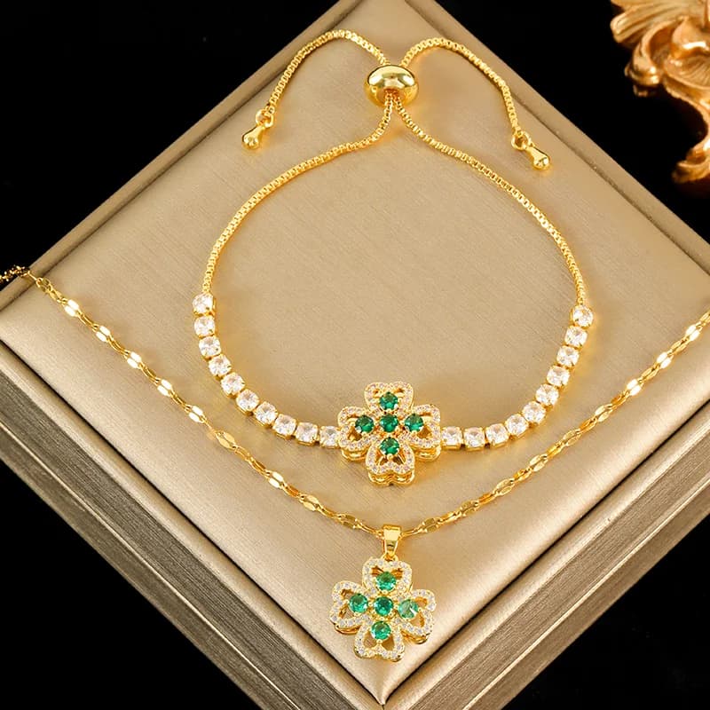 Set Collana e Bracciale Trifoglio Verde con Zirconi Rotanti