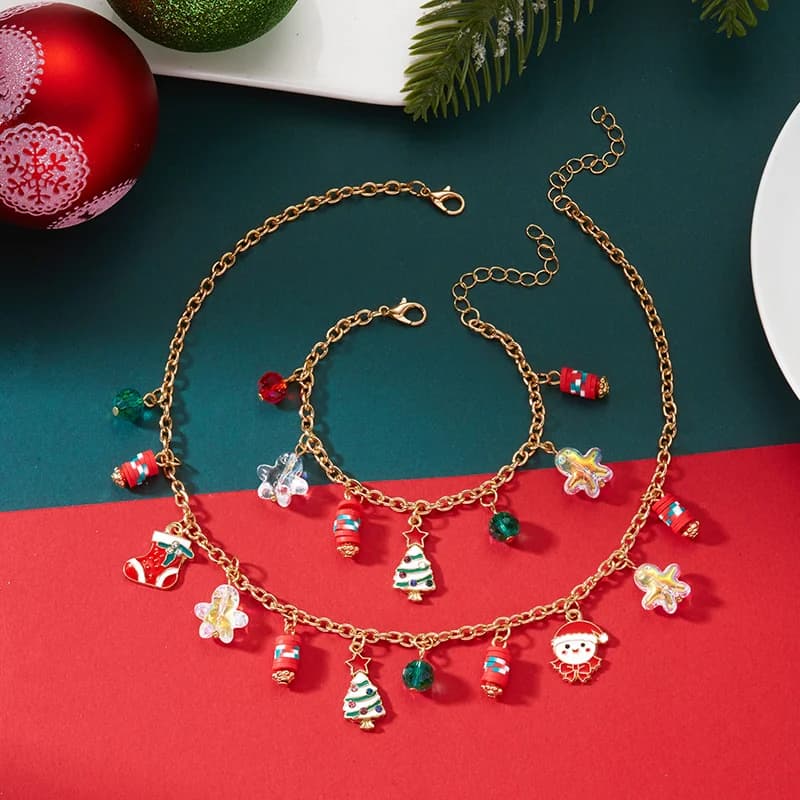 Set Collana e Bracciale con Albero di Natale e Pupazzo di Neve