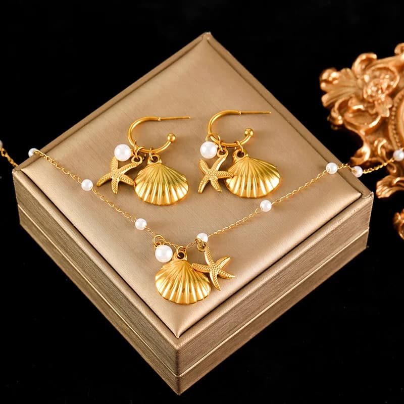 Set Collana e Orecchini Stella Marina Conchiglia Perla Oro
