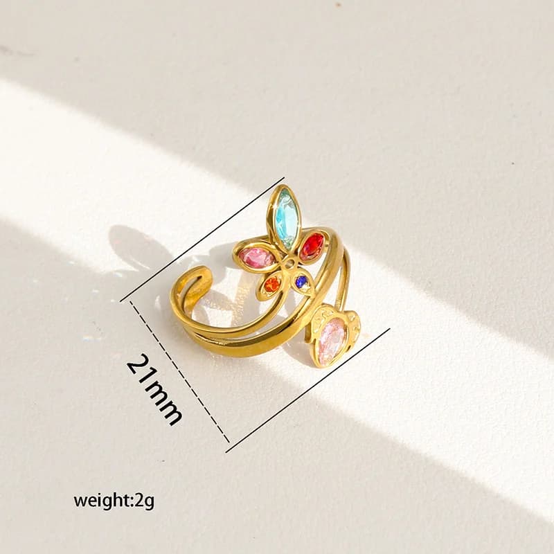 Anello Regolabile Foglia Scintillante in Zirconia e Acciaio Inossidabile