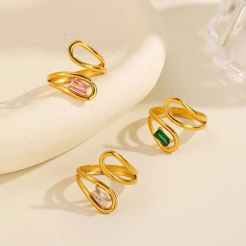 Anello regolabile in vetro zircon geometrico, placcato oro 18K