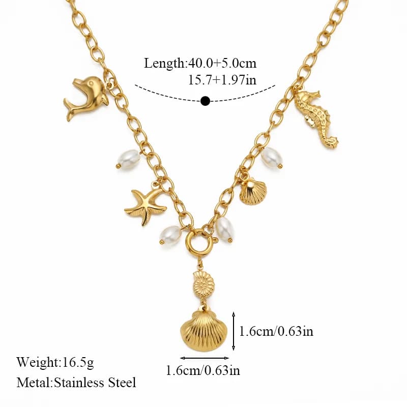 Collana con pendente in acciaio inox a tema mare con conchiglie