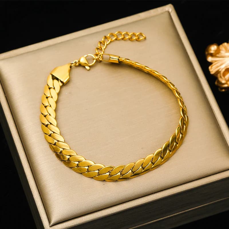 Set Collana e Bracciale con Catena Piatto Larga Dorata