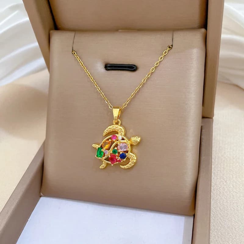 Collana con Ciondolo Tartaruga Colorato in Zirconia Cubica