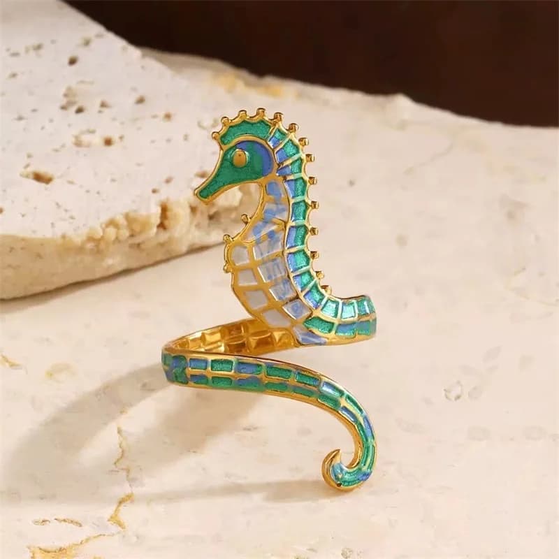 Anello Aperto Regolabile Cavalluccio Marino Smaltato
