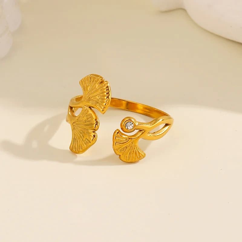 Anello regolabile Foglia di Ginkgo con Zirconia, Acciaio Inox