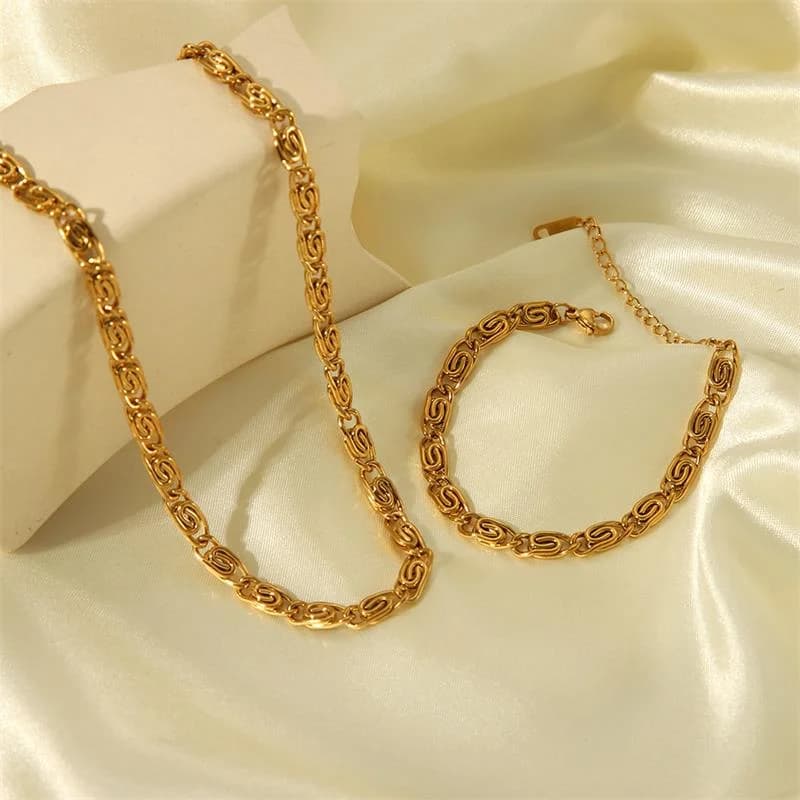 Set Collana e Bracciale a Catena Geometrica, Oro