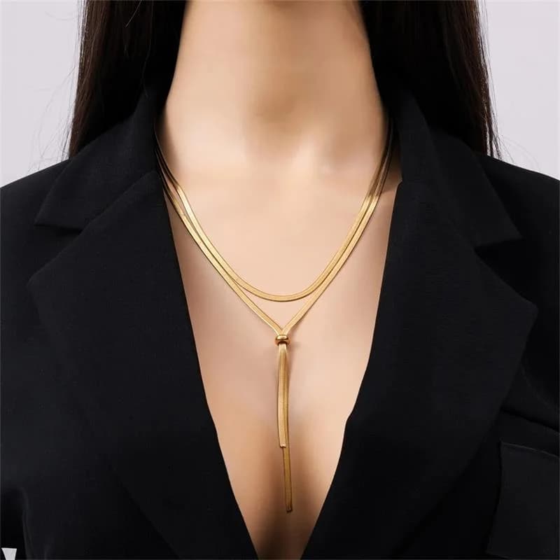 Collana Lunga a Catena Serpentina con Nappe in Acciaio Inox 316L Color Oro