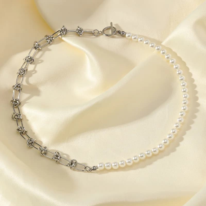 Set collana asimmetrica con perle e bracciale, argento