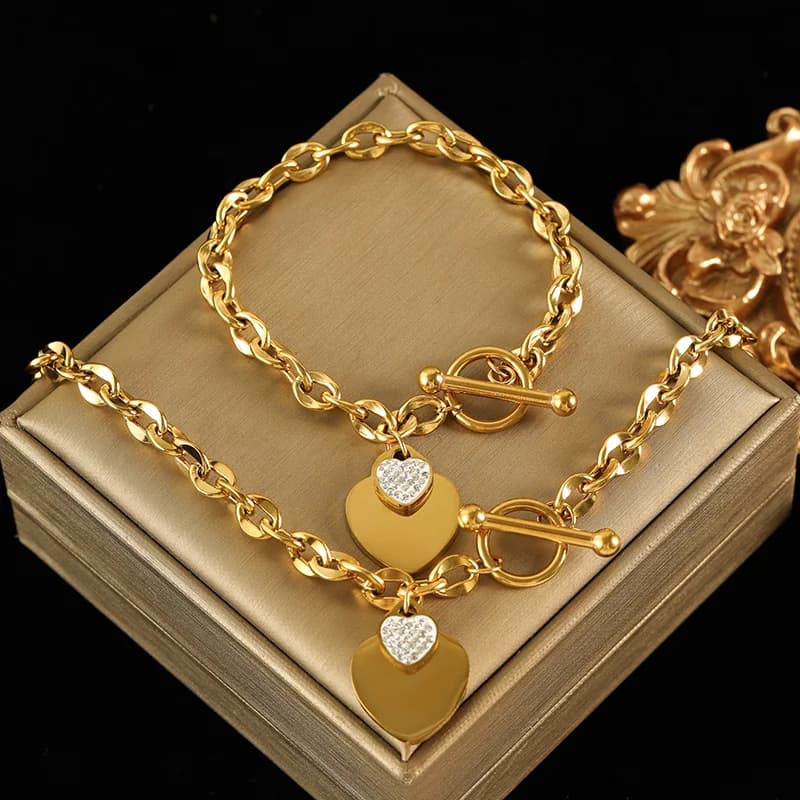 Set collana e bracciale doppio cuore, argento