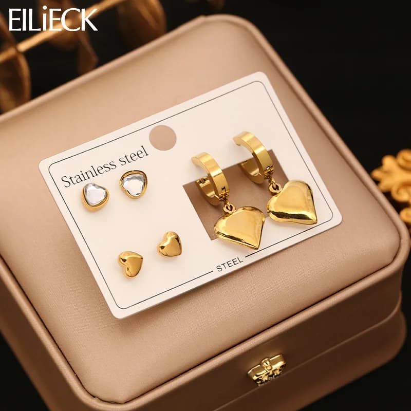 Set di Orecchini a Lobo e Pendenti a Cuore con Zirconi (3 Coppie)