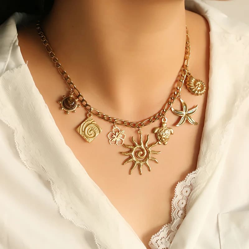 Collana con Ciondolo Tartaruga, Fiore e Sole in Acciaio Inossidabile Dorato
