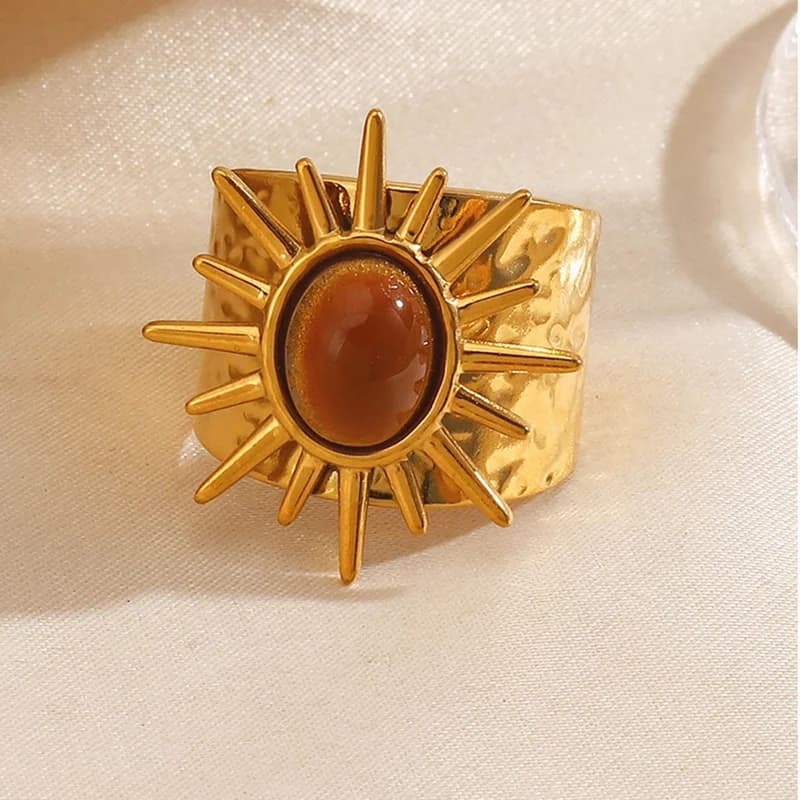 Anello regolabile vintage in acciaio inox con pietra ovale e motivo sole