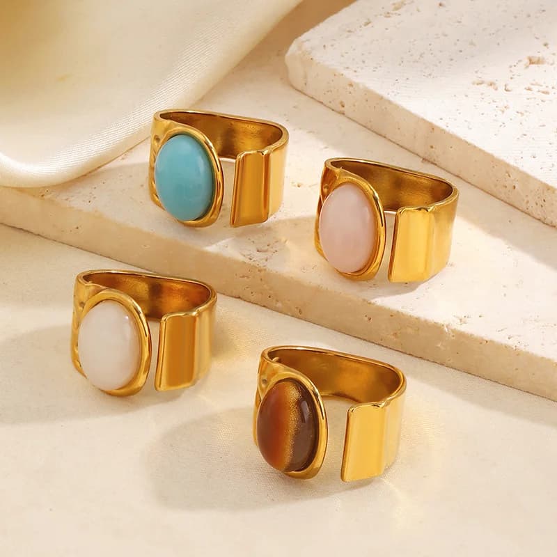 Anello regolabile vintage con pietra ovale in acciaio inox