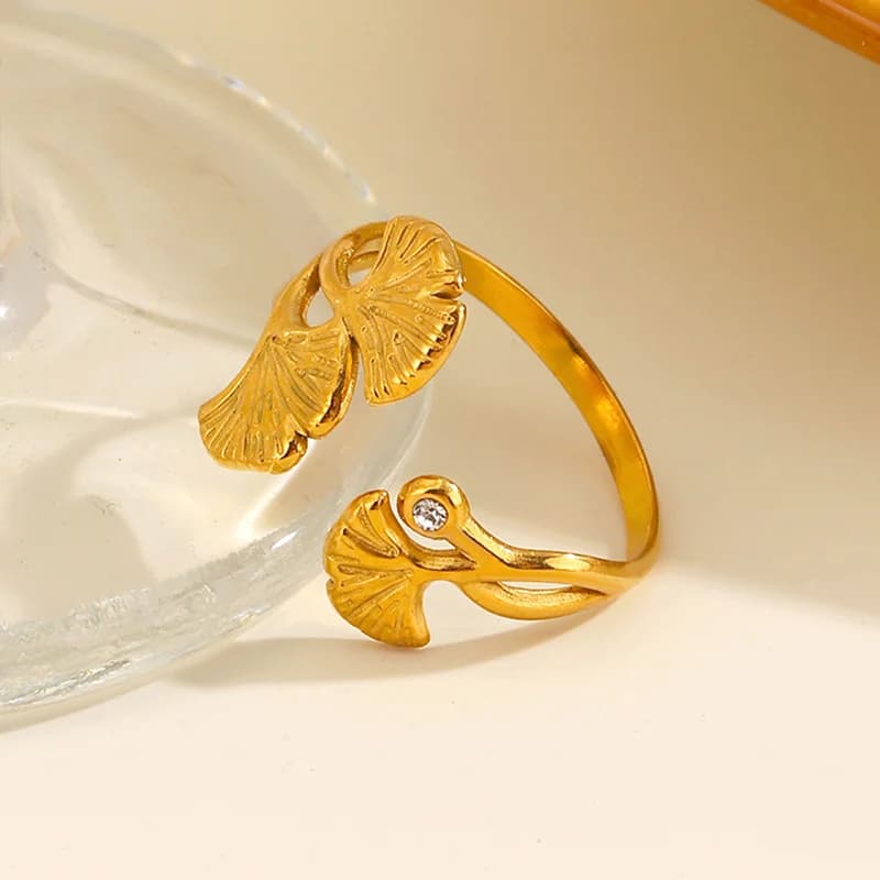 Anello regolabile Foglia di Ginkgo con Zirconia, Acciaio Inox