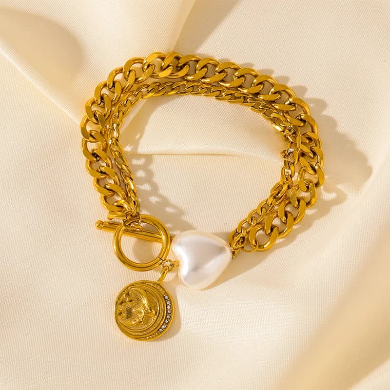 Bracciale Rigido a Catena Spessa Multistrato, Acciaio Inossidabile Dorato