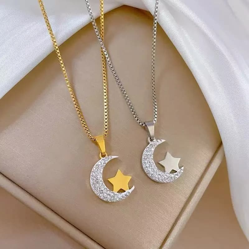 Collana Pendente Luna e Stella, Acciaio Inox