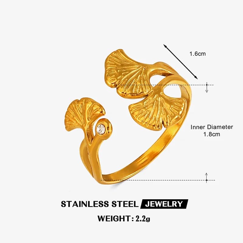 Anello regolabile Foglia di Ginkgo con Zirconia, Acciaio Inox