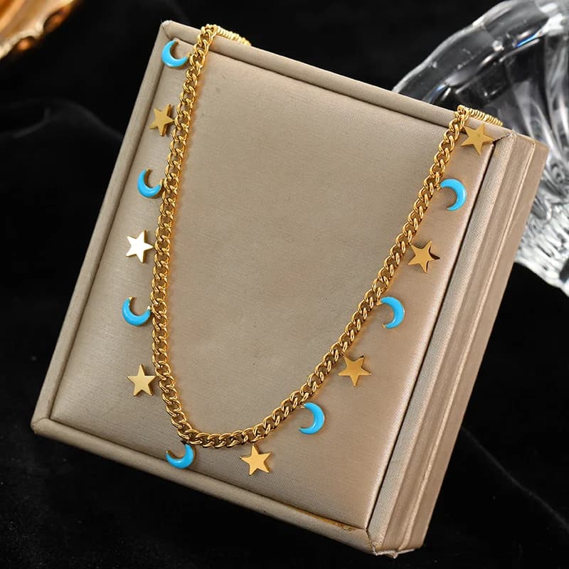 Collana con Pendente Stella a Sei Punte Pietra Blu in Acciaio Inossidabile
