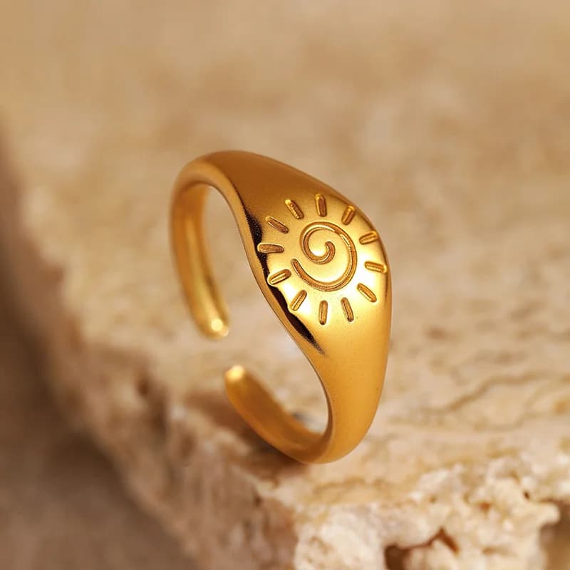 Anello Regolabile Sole Vintage, Acciaio Inossidabile Oro