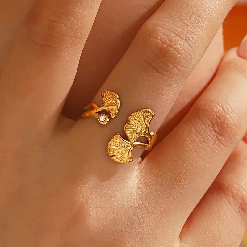 Anello regolabile Foglia di Ginkgo con Zirconia, Acciaio Inox