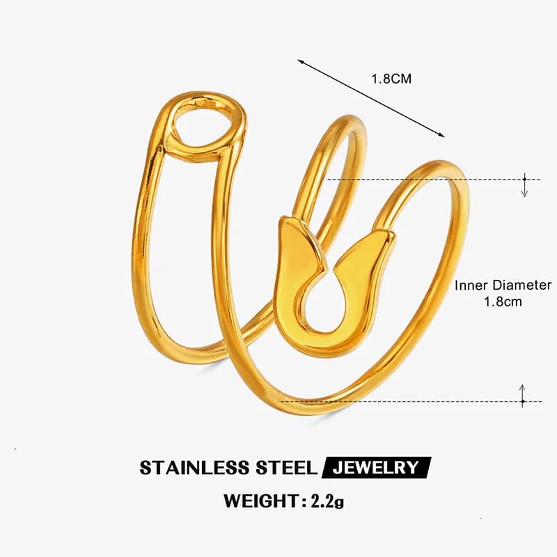 Anello aperto regolabile a forma di spilla, placcato PVD oro 18K