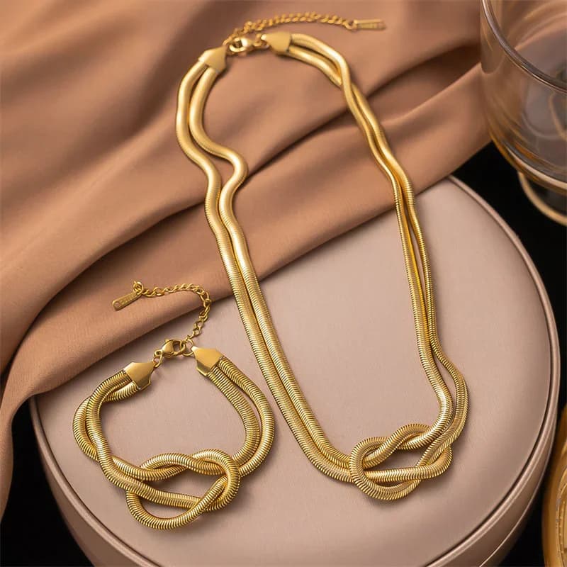 Set Collana e Bracciale Catena Intrecciata Color Oro