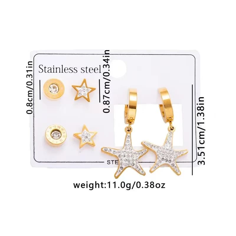 Set di Orecchini a Lobo Stella a Cinque Punte con Zirconi (3 Paia)
