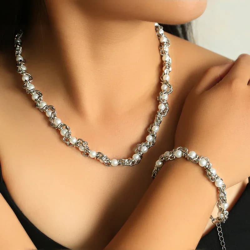 Set collana e bracciale a catena con perle, argento