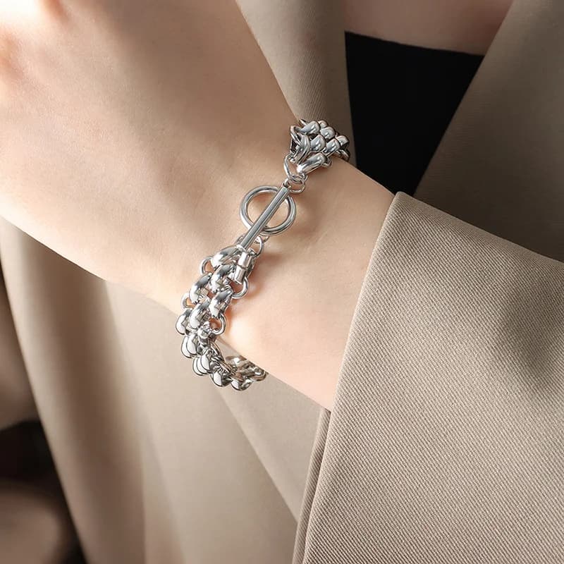 Bracciale rigido a catena colore argento, Acciaio Inox