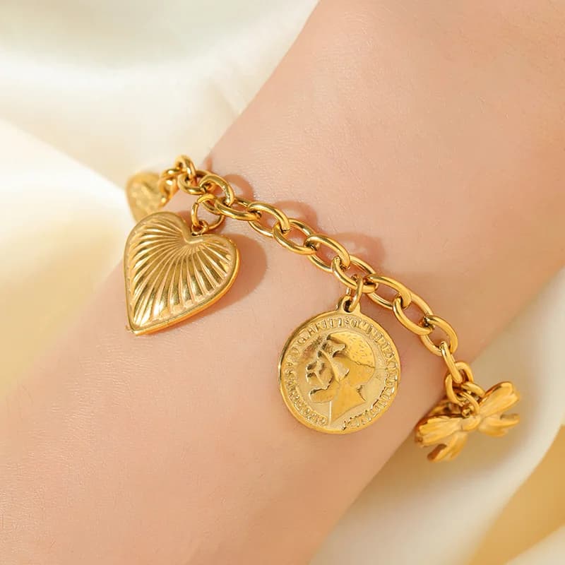 Bracciale con charm Cuore e Sole, Oro, Placcatura PVD
