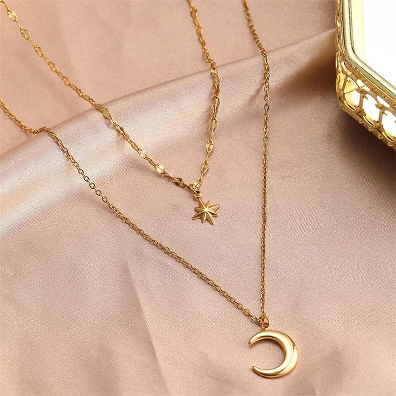 Collana con pendente stella e luna retrò, placcato oro