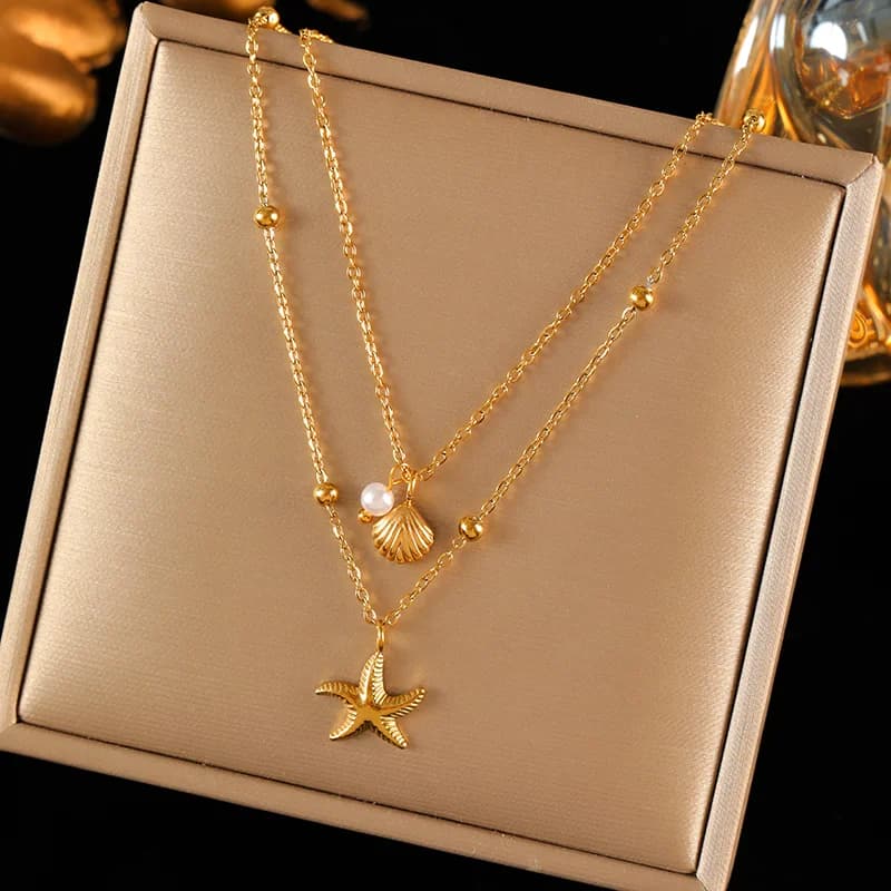 Collana con Ciondolo Stella Marina, Sole e Conchiglia di Perla, Oro