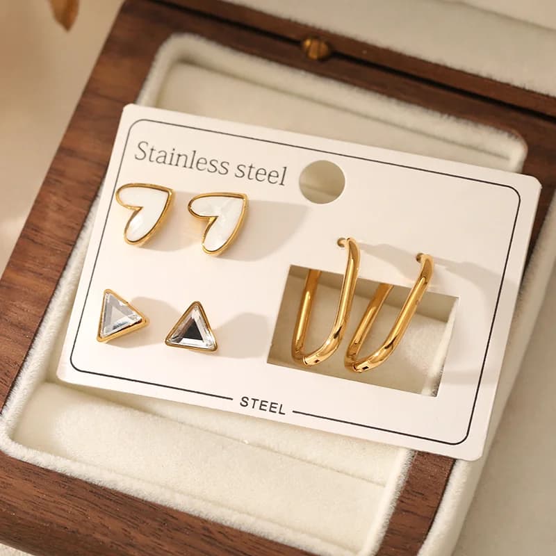 Set 3 paia orecchini geometrici cuore triangolare