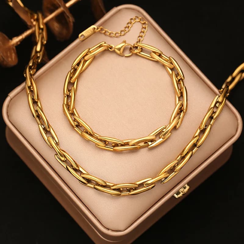 Set Collana e Bracciale Catena Spessa Dorata