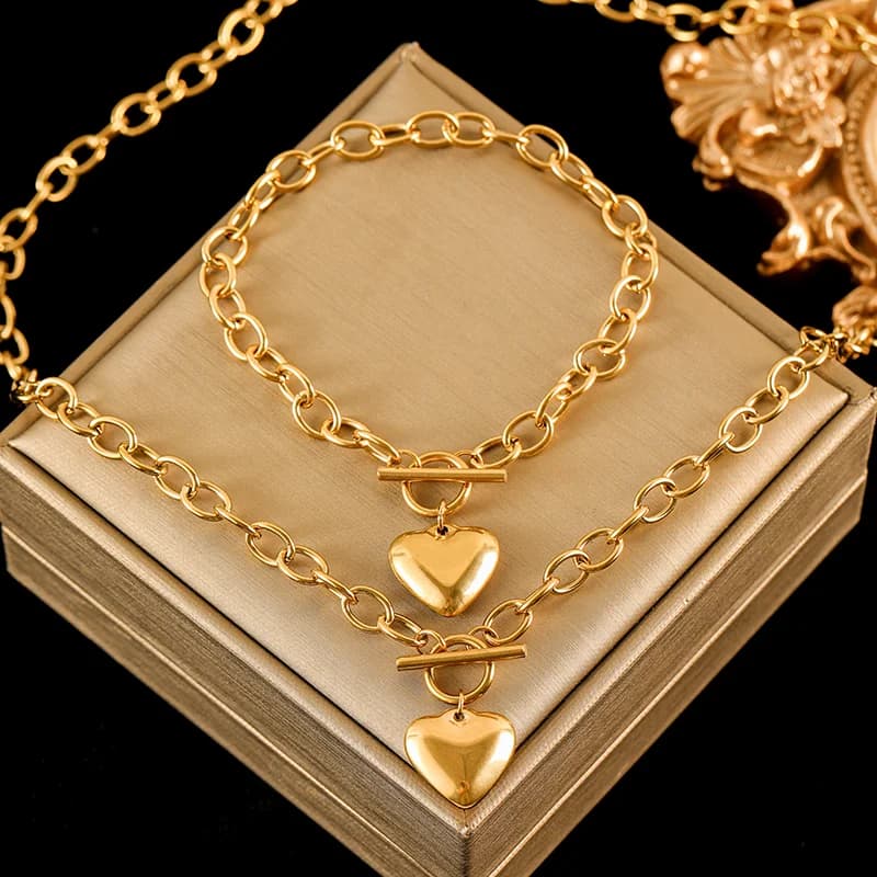 Set Collana con Ciondolo Cuore e Bracciale Placcato Oro