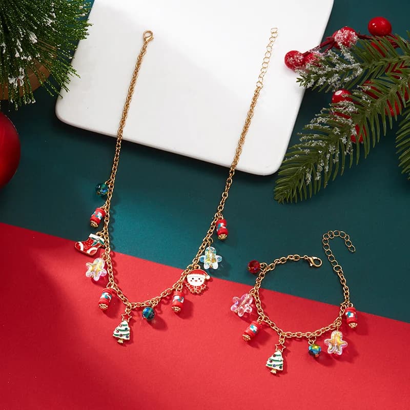 Set Collana e Bracciale con Albero di Natale e Pupazzo di Neve