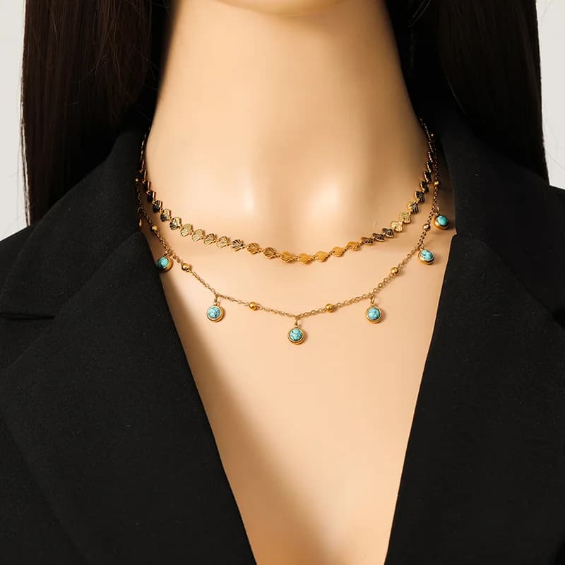 Collana Doppio Strato in Acciaio Inox con Turchese Artificiale