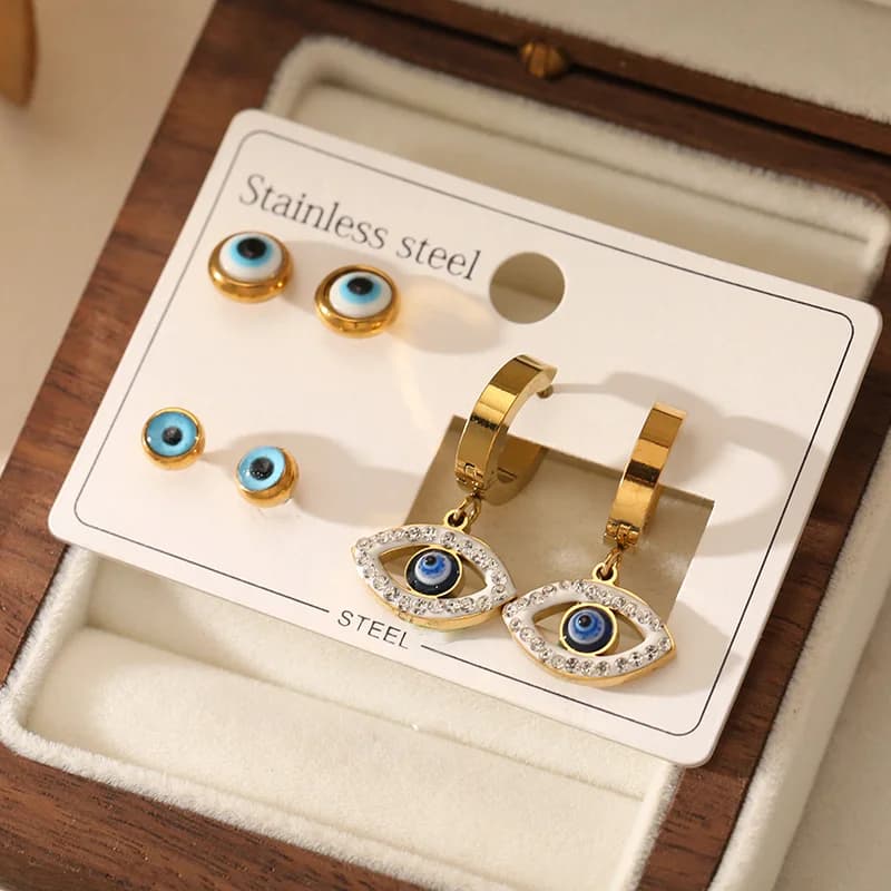 Set di Orecchini a Lobo con Occhio Blu in Zirconia Cubica - 3 Paia